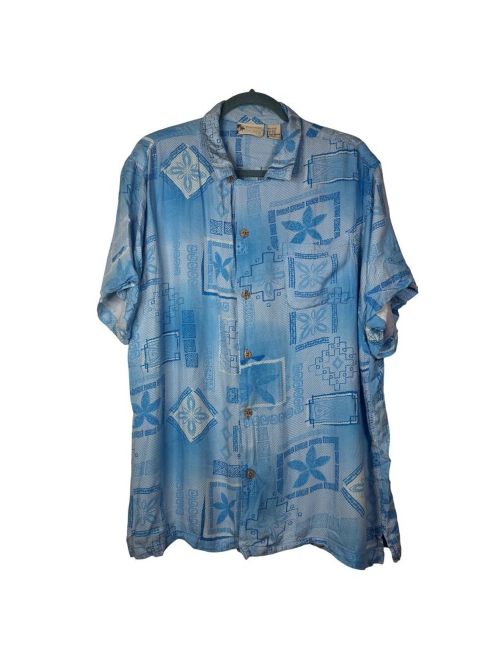Island Shores Mens Blue Hawaiian Button-Up Shirt 2XL Floral Geometric Casual